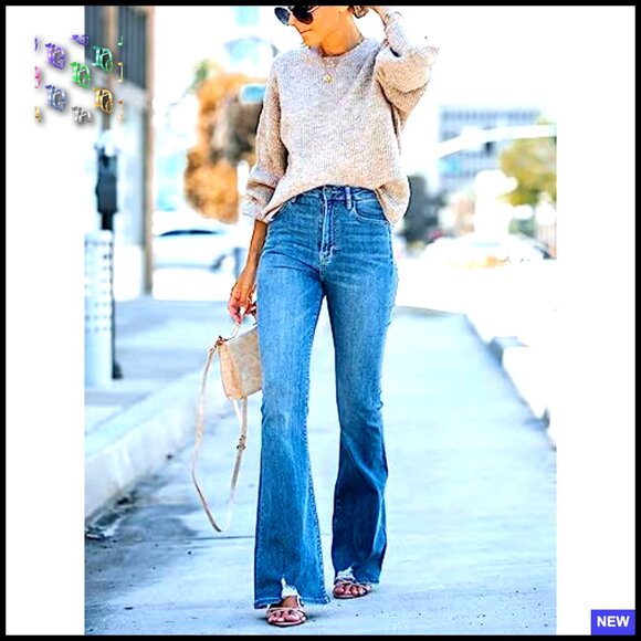 Flare Bell Bottom Jeans High Waisted Wide Leg Bootcut Stretchy Distressed Denim - Picture 4 of 6